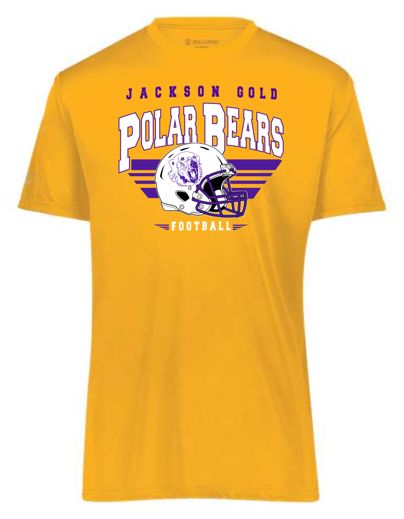 A gold short-sleeve t-shirt with a 'Jackson Gold Polar Bears Football' graphic on the front, featuring a white and purple football helmet and striped background, displayed on a solid white background.