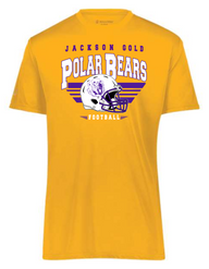 A gold short-sleeve t-shirt with a 'Jackson Gold Polar Bears Football' graphic on the front, featuring a white and purple football helmet and striped background, displayed on a solid white background.